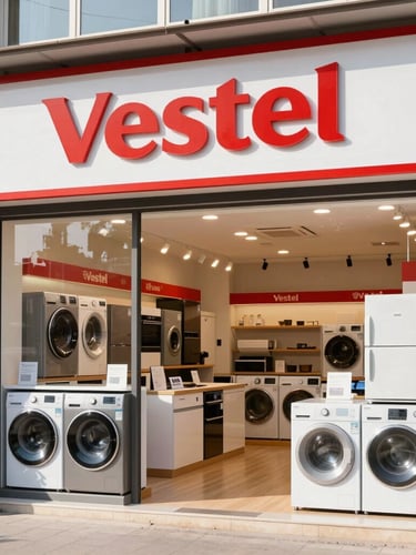 Warm, inviting exterior shot of Vestel Yetkili Mağazası - Güven Ticaret, storefront clearly visible, natural light, reflecting community trust.
