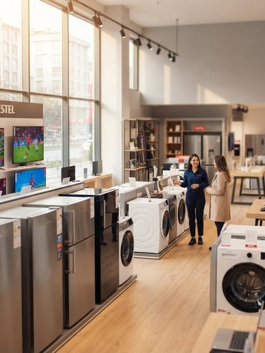 Wide environmental shot of a bright, clean Vestel showroom interior, featuring neatly arranged modern refrigerators, washing machines, and smart TVs, with warm natural lighting. A friendly, professional staff member is subtly visible in the background assisting a customer.