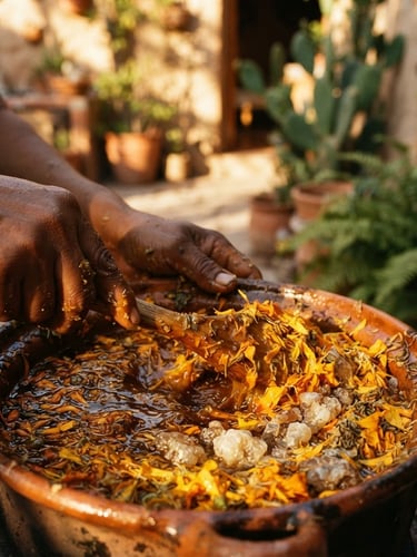 Close-up macro shot of hands mixing golden marigold petals and raw copal resin into warm liquid wax, dramatic golden-hour courtyard light, long shadows, 35mm film texture
