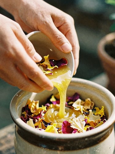 Close-up of artisan hands gently pouring warm botanical wax into a ceramic vessel filled with dried petals, soft morning light, 35mm film texture.