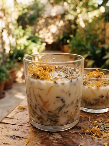 Primer plano detallado de velas botánicas artesanales de cera de soya con pétalos secos de caléndula, luz cálida de atardecer filtrada con sombras largas, textura de película de 35mm