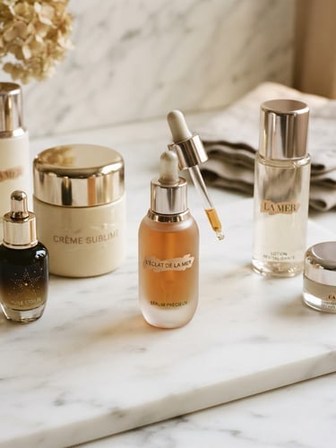 Pristine unopened luxury cosmetic bottles arranged on a clean marble surface, soft warm daylight, champagne tones, 35mm.
