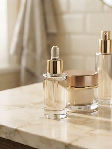 Pristine unopened luxury cosmetic bottles on a soft cream marble surface, warm diffused daylight, champagne tones, elegant editorial photography, 35mm