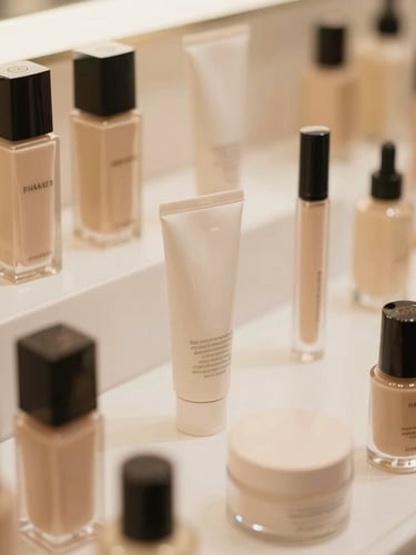 Clean modern distribution environment showing organized, high-end cosmetic inventory under soft warm daylight