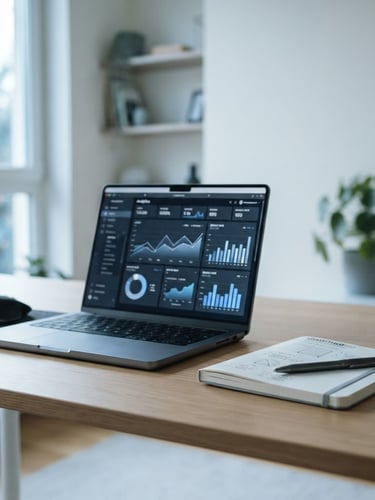 Clean, minimalist desk setup with a laptop showing analytics, a notebook, and a pen, bathed in soft, cool-toned natural daylight, with plenty of negative space. Focus on precision and modern work environment.