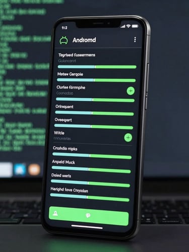 Orthogonal front-on view of a modern Android device displaying a clean technical wireframe interface with sharp green accents against a dark terminal background.
