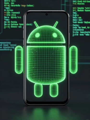 Orthogonal front-on wireframe of a modern Android flagship device, sharp glowing green lines on deep obsidian background, terminal code overlays, technical schematic style.