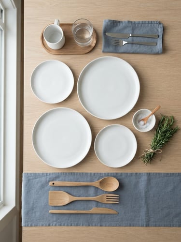 Top-down flat lay of neatly arranged white ceramic plates and minimalist wooden kitchen utensils under soft natural window light
