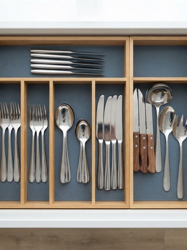 Top-down flat lay of a sleek, unbranded kitchen drawer organizer neatly holding steel cutlery, bright diffused natural window light, clean white and slate blue tones, 50mm lens