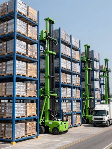 Centro de distribuição moderno e limpo, com empilhadeiras organizando caixas em prateleiras altas, luz natural entrando pelas janelas altas, foco na eficiência operacional, tons de azul e verde.