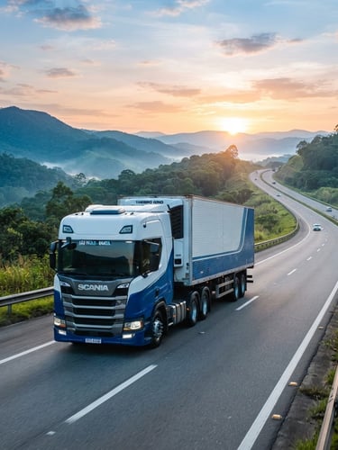 Modern heavy-duty truck on a Brazilian highway at sunrise, clean corporate photography, sharp focus, professional blue and green tones, 35mm