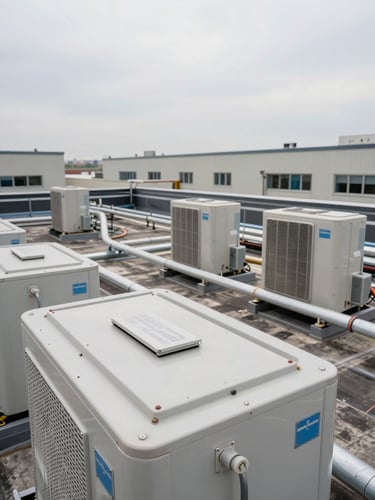 Wide environmental shot of a commercial flat rooftop with HVAC equipment and conduit runs under even overcast daylight, no people, facility exterior visible in background, tight framing on mechanical nameplate detail in foreground