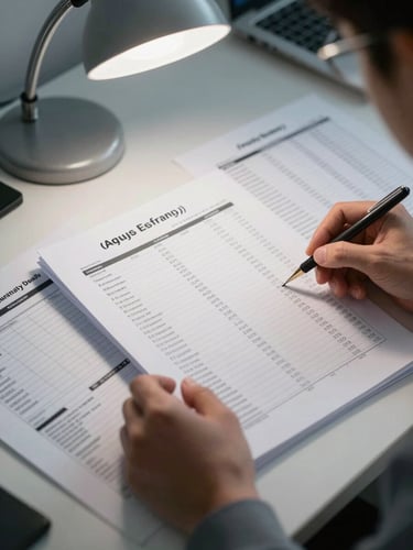 Facility manager reviewing printed energy usage spreadsheets at a desk, overhead office lighting, papers and a utility bill visible on the desk surface, no faces shown