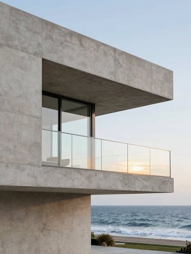 Modern architectural corner of a concrete villa, sharp geometric lines, glass railing reflecting golden hour Atlantic ocean, minimalist composition, 35mm lens