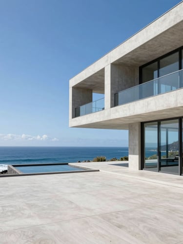 Wide architectural shot of a modern concrete and glass villa overlooking the Atlantic ocean in Madeira, bright high-contrast daylight, clean geometric lines.