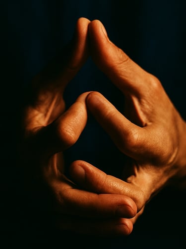 Extreme macro close-up of hands in a precise, tense mudra, 35mm film photography, dramatic side lighting, high contrast, warm skin tones against deep indigo shadows.