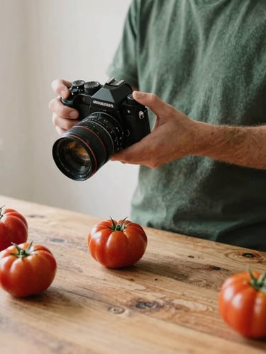 A candid behind-the-scenes medium shot of an art director holding a 35mm film camera, styling fresh heirloom tomatoes on a rustic wooden table under soft diffused daylight, matte texture.