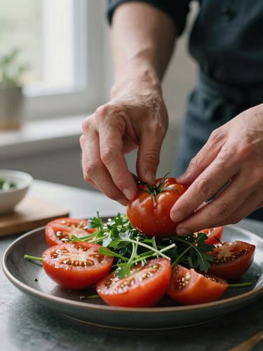 A close-up shot of a chef hands-on styling a fresh heirloom tomato salad on a dark ceramic plate, soft natural window light, Scandinavian kitchen setting