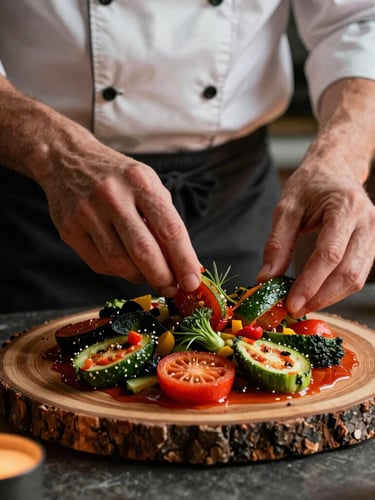 Vertical portrait of a chef's hands carefully plating a rustic wood-fired vegetable dish in a warm, candlelit kitchen, rich crimson and forest green tones, matte texture.