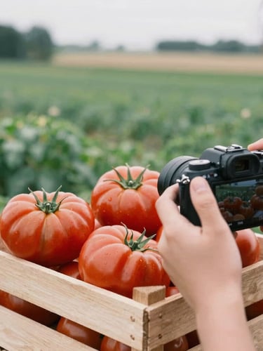 Soft diffused daylight on freshly harvested heirloom tomatoes in a wooden crate, hands holding a camera framing the shot, organic farm fields stretching into the soft background.