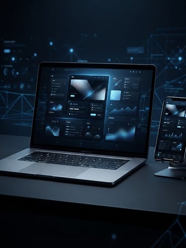 Wide shot of a sleek, modern website mockup displayed on a high-end laptop and smartphone, with subtle blue backlighting and geometric wireframe elements in the background. Dark studio lighting.