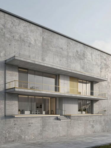 Architectural technical drawing overlay on a modern concrete wall, sharp straight-on elevation, soft overcast daylight, golden details in the drawing lines.