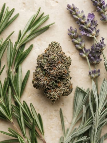 Elegant botanical flat-lay of premium cannabis flower alongside fresh rosemary and lavender on a warm cream stone surface, soft diffused daylight, muted earthy greens, macro depth of field.