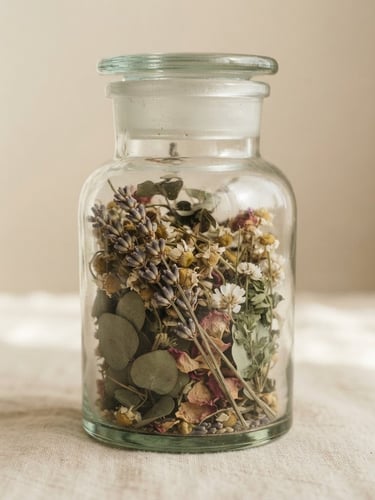 Macro close-up of a premium glass apothecary jar containing curated flower, soft diffused daylight casting gentle shadows on a cream surface