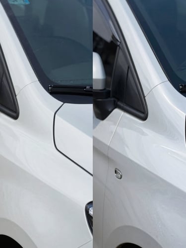 Side-by-side split before-and-after shot of heavy oxidation removal on a white caravan gelcoat panel, demonstrating a dramatic transition from chalky haze to a high-gloss mirror finish, tight macro shot, clinical studio lighting