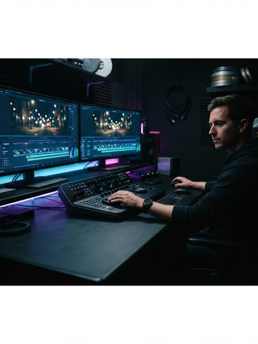 Wide panoramic view of a dark editing suite, dual monitors displaying letterboxed video timelines with glowing neon blue and magenta indicators, a hand on a color grading panel, shallow depth of field, low-key studio lighting, high-contrast. The image bleeds to the right edge.