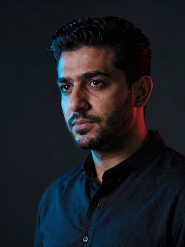 Professional portrait of Abdullah Rafaqat, a focused man in a moody studio setting, low-key studio lighting with neon blue accents reflecting on his face, shallow depth of field, 35mm lens, looking slightly off-camera to the left.