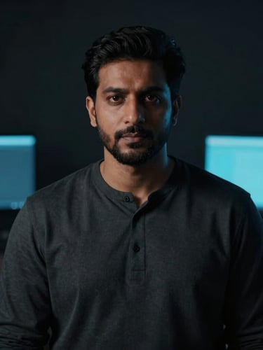 Professional portrait of Abdullah Rafaqat, a South Asian man, in a moody studio setting, low-key lighting with subtle neon blue accents from unseen monitors, shallow depth of field, 35mm lens.