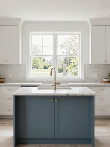 Straight-on architectural photography of a bright, modern kitchen remodel with a slate blue island, natural window light, clean limestone countertops, 35mm lens.