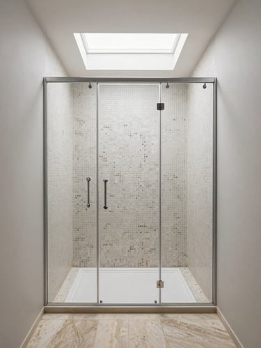 Straight-on architectural shot of a minimalist bathroom walk-in shower, natural light from a skylight, zellige tile meeting limestone floor, zero-threshold entry