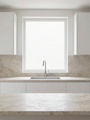 Straight-on architectural photography of a modern minimalist kitchen, bright natural window light, clean limestone countertops meeting custom white oak cabinetry, 35mm lens