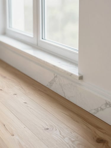 Crisp architectural detail of a flawless material transition where custom marble tile meets wide-plank hardwood flooring, bright natural window light, sharp focus, 35mm lens