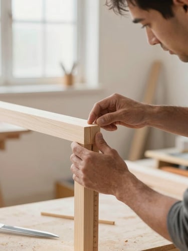 Detail shot of a master carpenter examining a clean wood joint in a bright, organized, dust-free active job site, natural daylight, 35mm lens.