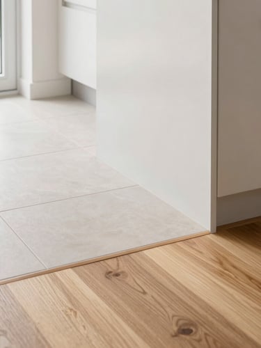 Detail of clean material transitions, tile meeting hardwood in a modern bright kitchen, natural light, sharp focus