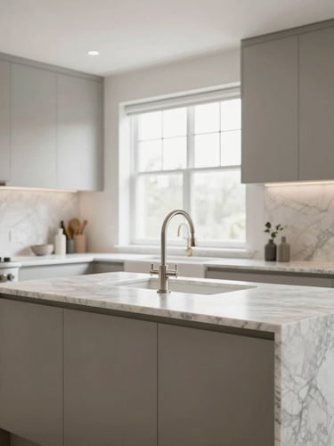 Crisp architectural photography of a completed luxury kitchen, marble island, bright natural window light, clean neutral tones, sharp focus, 35mm lens