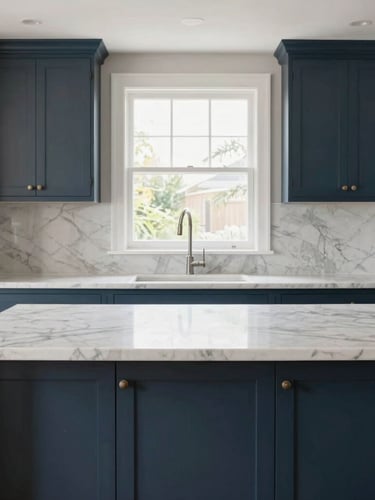 Bright natural daylight illuminating a renovated kitchen island, straight-on framing, clean marble countertop meeting dark slate blue cabinets, sharp focus on craftsmanship