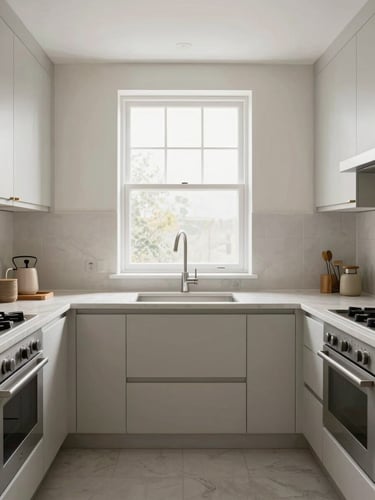 Straight-on architectural photography of a beautifully restored kitchen with bright natural window light, clean neutral tones, sharp focus, 35mm lens