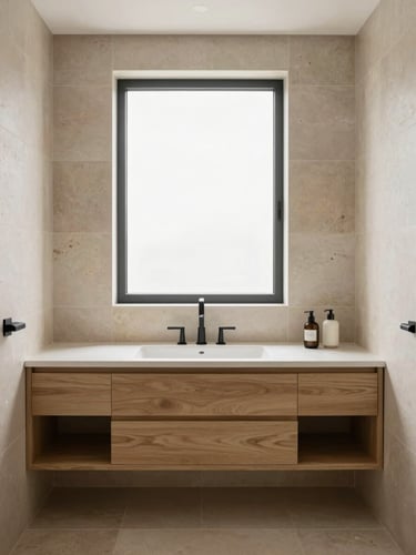 Straight-on architectural photography of a modern luxury bathroom, warm limestone tiles, bright natural window light, minimalist oak vanity, 35mm lens