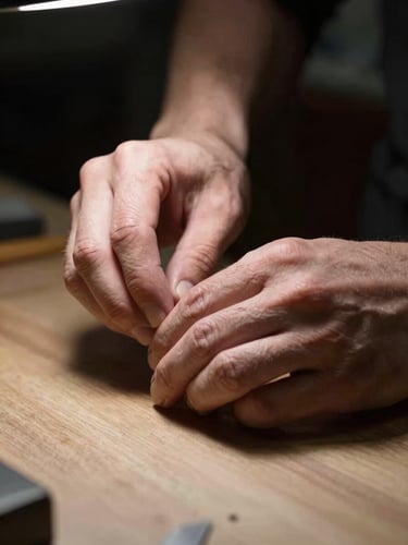 A tight, character-focused close-up of a craftsman's hands under a sharp spotlight, deep shadows, dark studio setting.