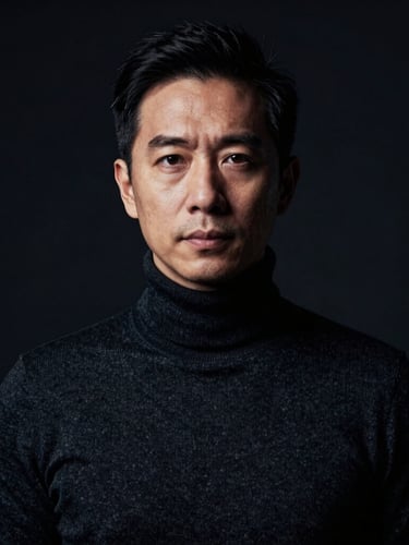Tight dramatic portrait crop of a creative director in a dark turtleneck, Rembrandt lighting, deep shadows, looking directly into the camera, high-contrast, dark studio background
