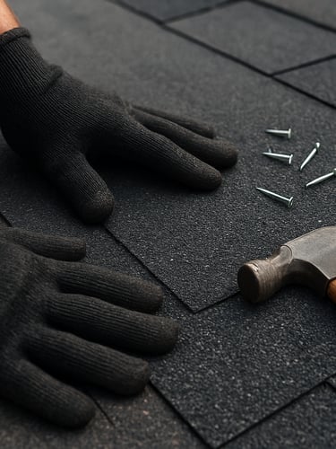 Close-up of a roofer's gloved hands pressing asphalt shingles flat on a roof deck, roofing nails and a hammer visible on the surface, overcast natural daylight, tight documentary framing