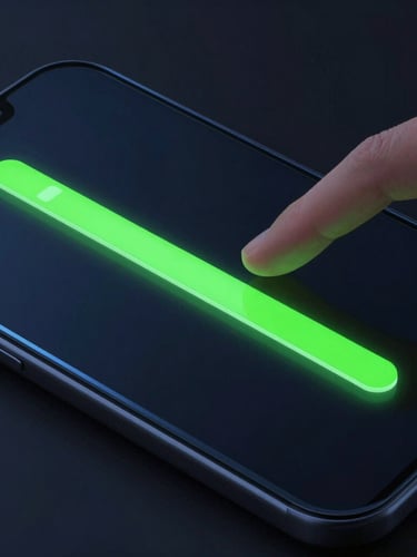 Extreme close-up of a high-fidelity Android screen showing an interactive neon green slider, fingers interacting with the glass surface, moody high-contrast dark studio lighting