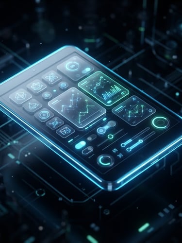 Sleek 3D render of a floating glassmorphic Android device displaying high-fidelity UI elements, neon blue rim lighting, dark tech aesthetic, isometric angle