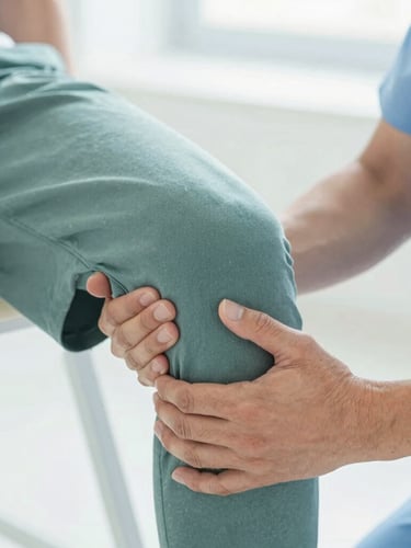 Medium close-up of a physical therapist's hands guiding a patient's knee alignment during a precise, controlled movement, clinical daylight, soft teal tones