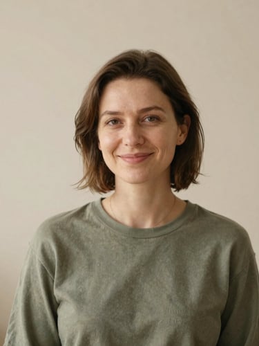 Warm editorial portrait of female therapist Oksana Zitser, smiling gently, soft natural daylight, minimal warm beige studio background, 35mm
