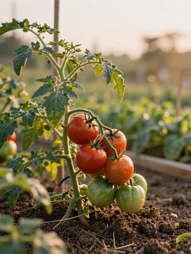 A vibrant backyard vegetable garden with heavy-laden tomato vines under golden hour sunlight, shallow depth of field